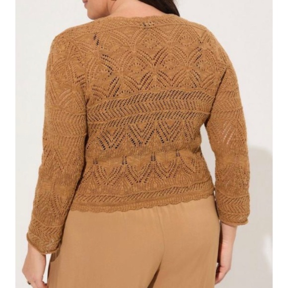 🆕 Pointelle Tie Front Shrug Sweater 3 3X 22 24 NWT Torrid New! Tobacco Brown - Picture 5 of 6